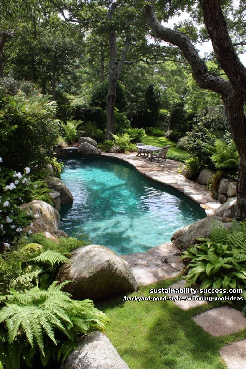 secret garden pool design with mossy rocks and overhanging tree branches 1