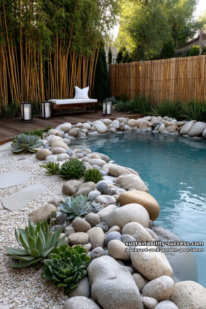 serene zen poolscape with smooth river rocks, succulents, and bamboo fencing 1