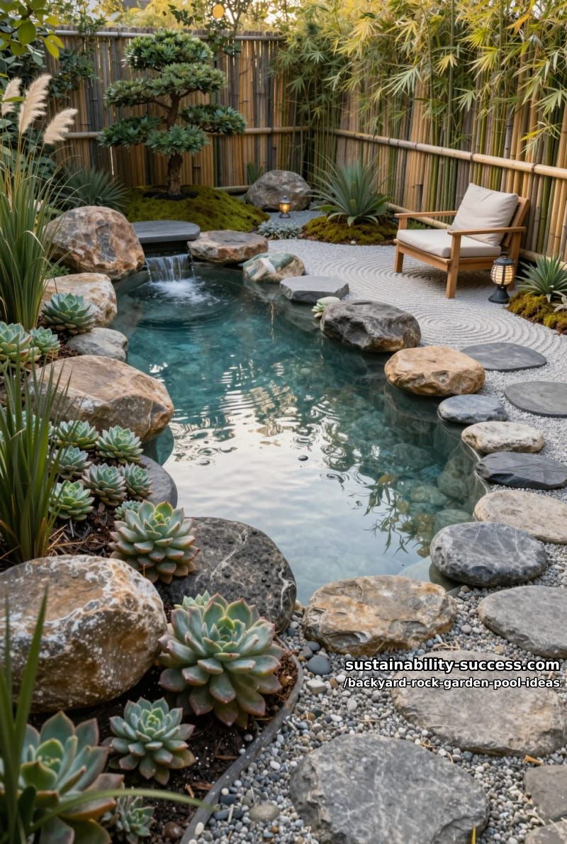 serene zen poolscape with smooth river rocks, succulents, and bamboo fencing 1