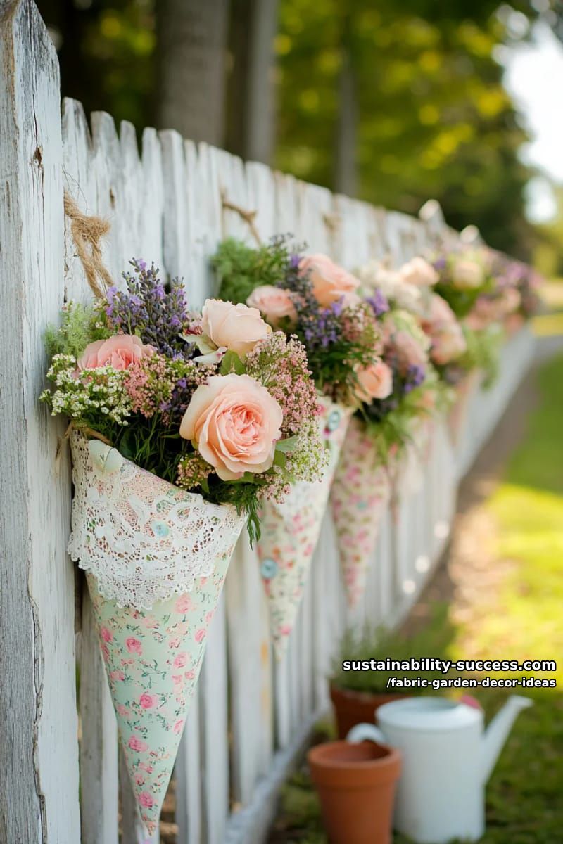 shabby chic floral fabric cones for displaying fresh garden blooms 1