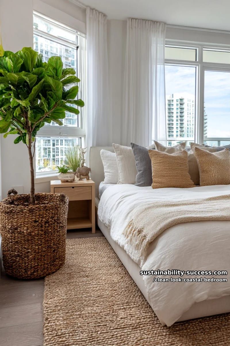 15 Clean Coastal Bedroom Ideas for a Serene Retreat 5 sheer curtains billowing beside a woven basket planter and sandy beige accents 1