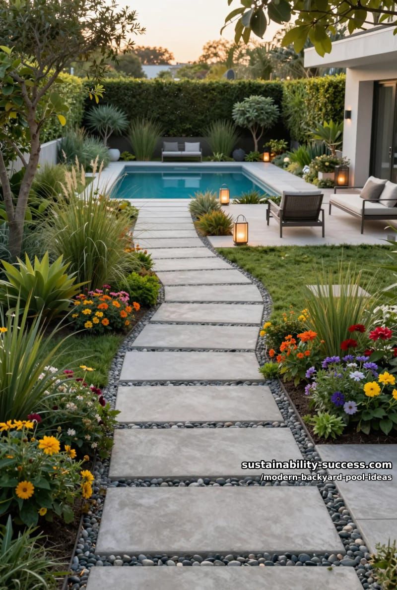 sleek concrete and pebble border paths weaving through lush landscaping 1