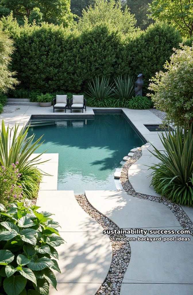 sleek concrete and pebble border paths weaving through lush landscaping 1