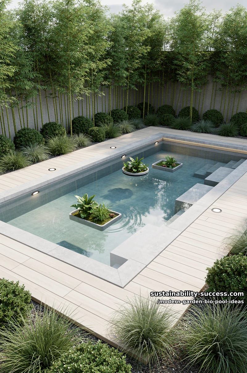 sleek rectangular pool with submerged seating and minimal floating planters 1