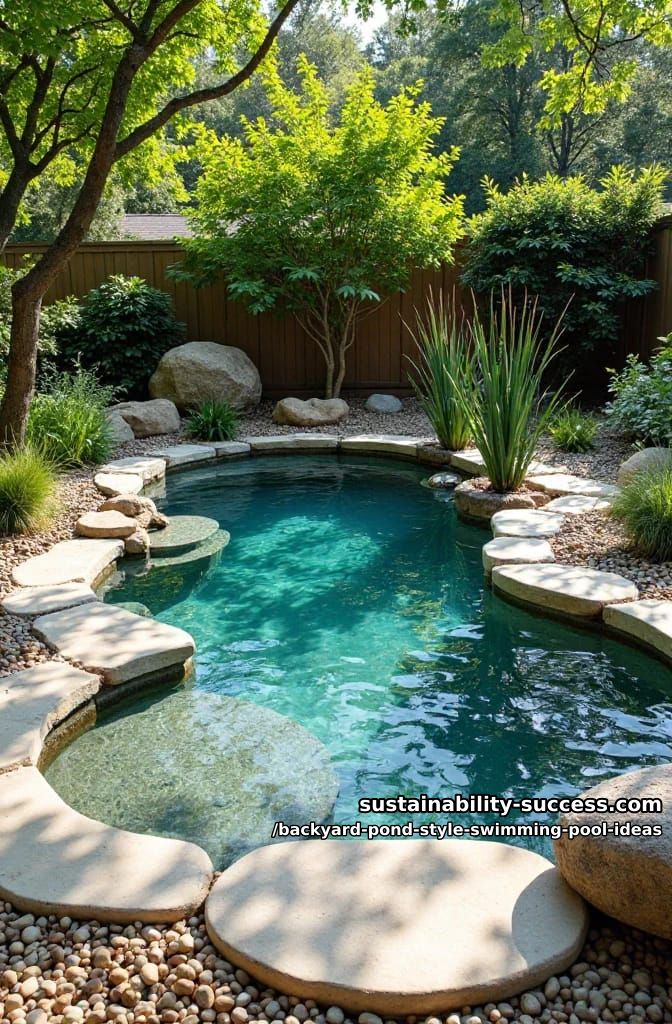small backyard pond swimming pool shaped like a natural pond, with river pebbles lining 1