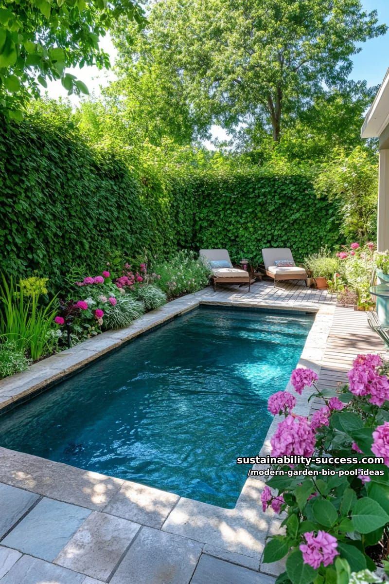 small backyard pool framed by flowering shrubs and a living green wall 1