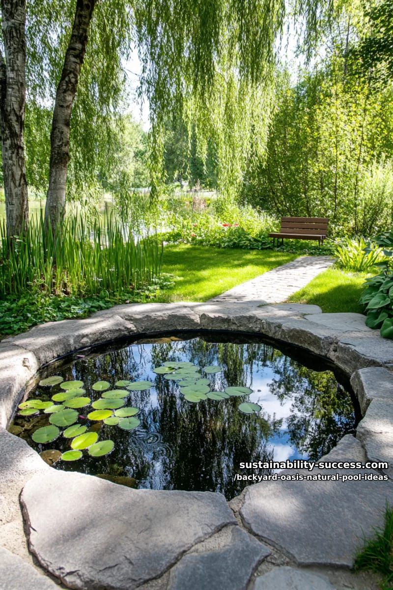 small circular pond-pool framed by mossy boulders and weeping willows 1