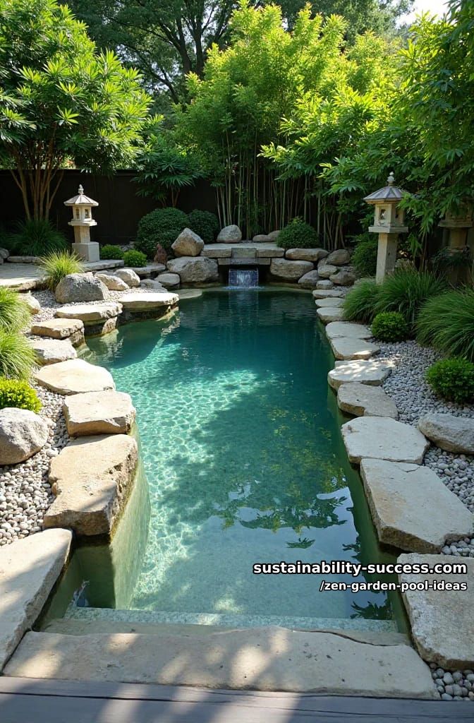 small garden pool with waterfall, river rocks, and lantern lighting 1