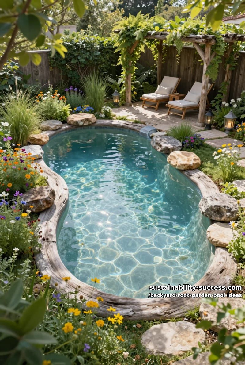 small lagoon pool encircled by driftwood, flat rocks, and wildflower beds 1