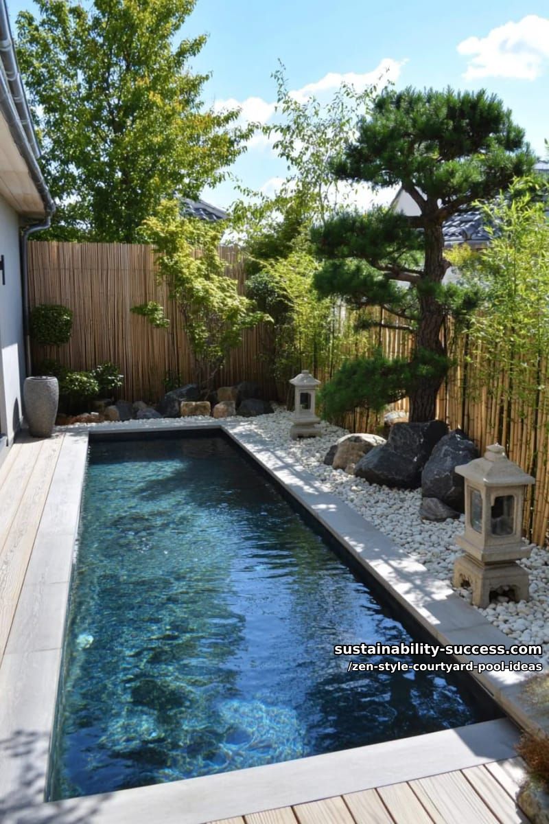 small rectangular pool flanked by bonsai trees and smooth river stones 1