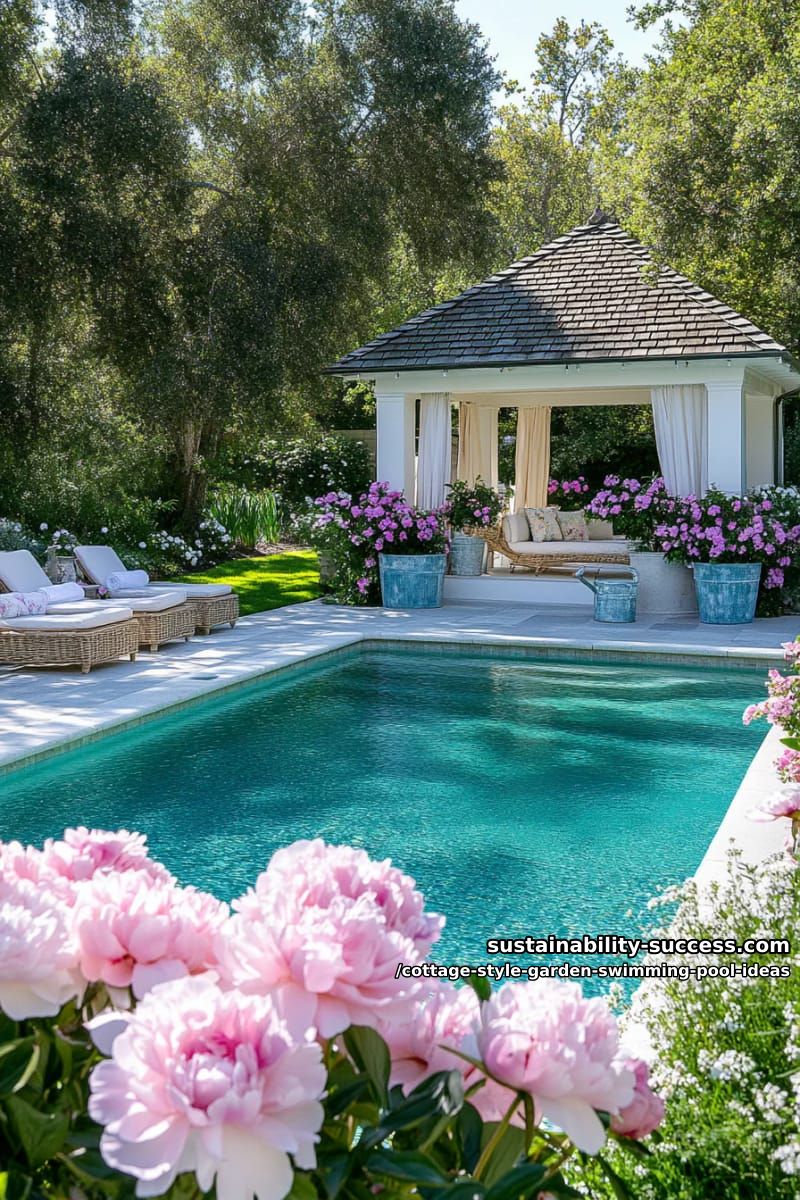 small rectangular pool with cottage gazebo and blush pink peonies nearby 1