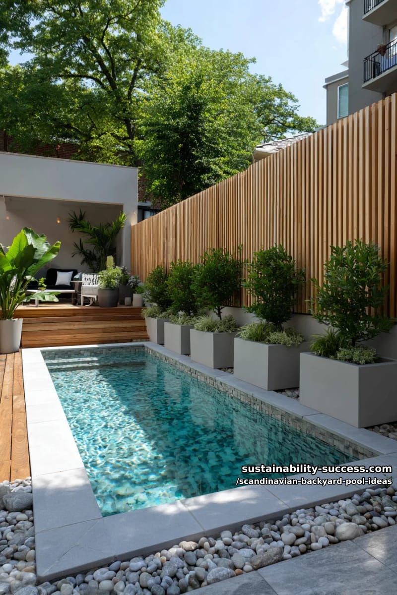 small spa pool with vertical slatted wood privacy screen and potted evergreens 1