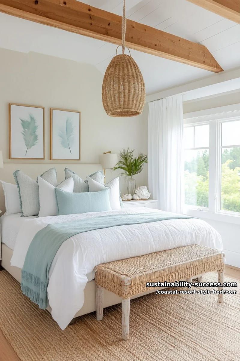 soft aqua throw blankets over a creamy upholstered bench at the bed’s foot. 1
