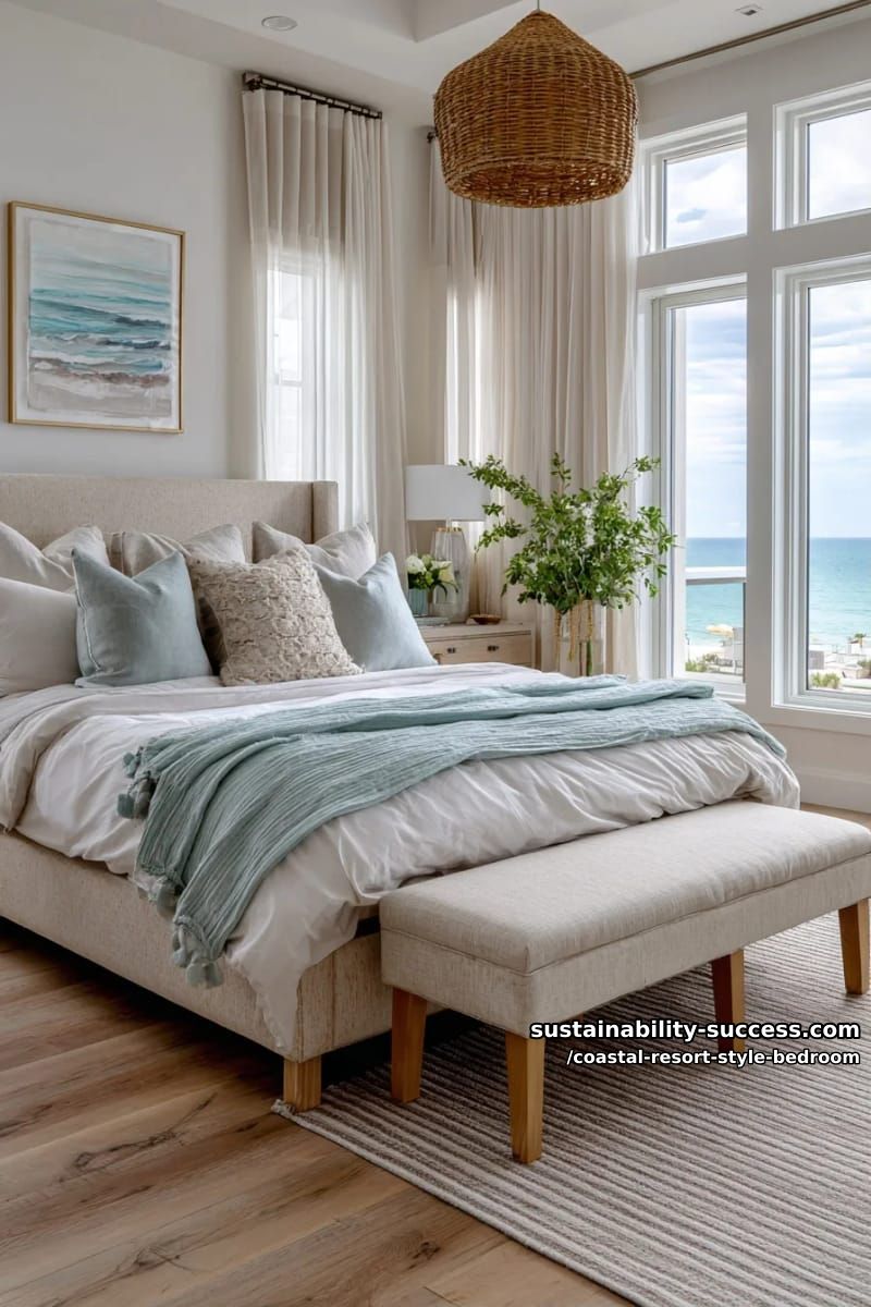 soft aqua throw blankets over a creamy upholstered bench at the bed’s foot. 1