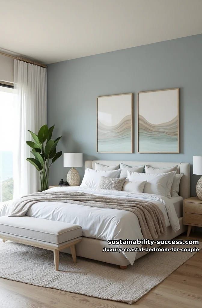 soft blue-gray accent wall behind king bed with wavy art prints 1
