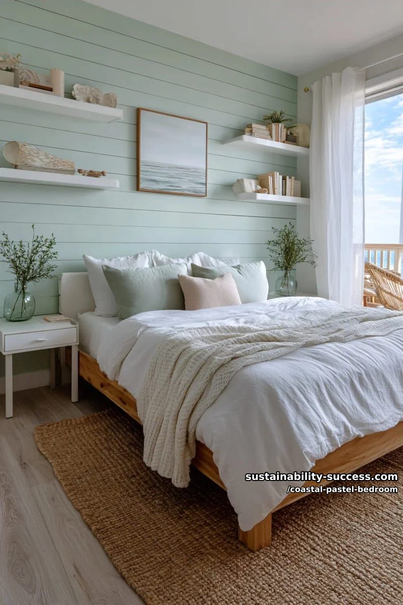 soft mint shiplap accent wall with floating white bookshelves 1