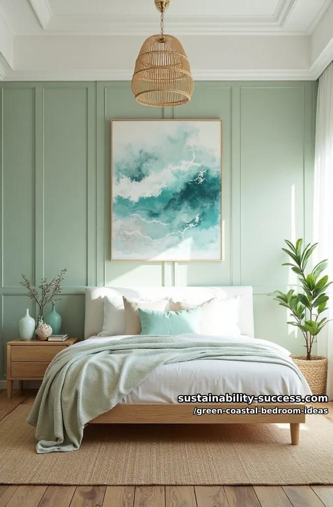 soft sage paneling paired with ocean-inspired abstract art 1