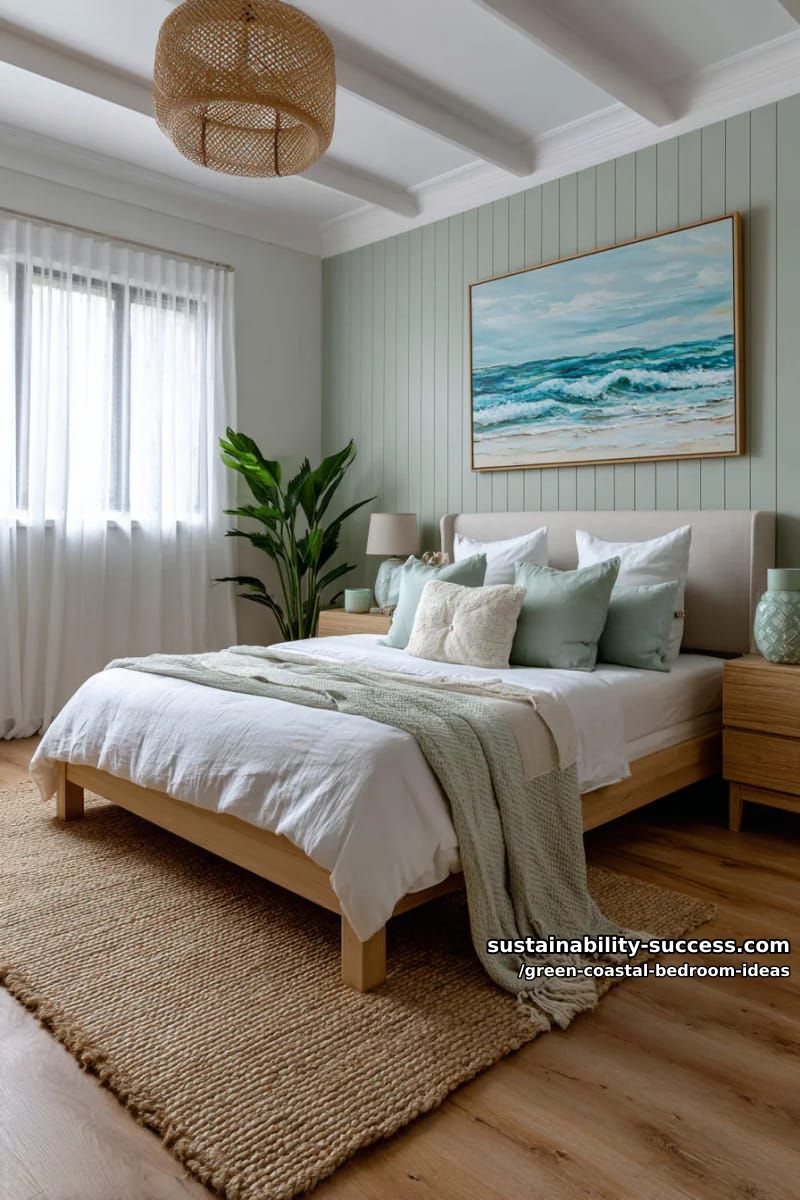 soft sage paneling paired with ocean-inspired abstract art 1