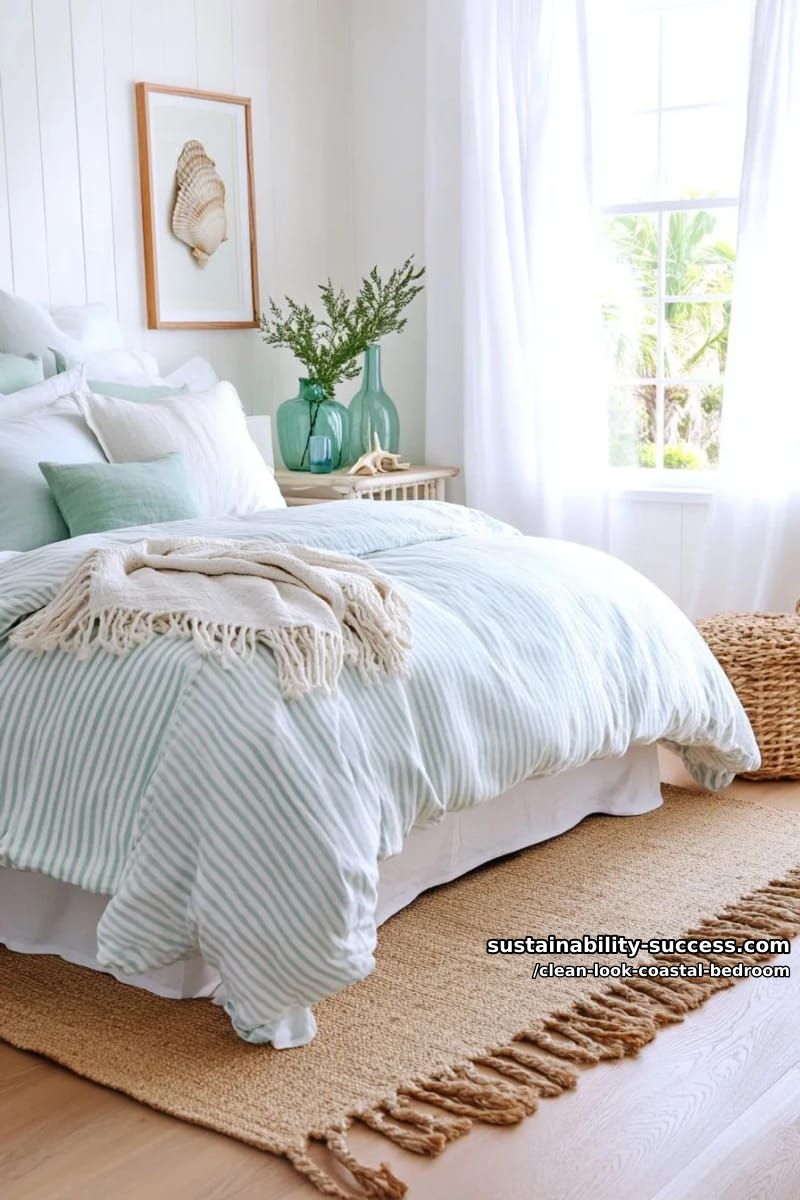 15 Clean Coastal Bedroom Ideas for a Serene Retreat 8 soft striped comforter, natural jute rug, sea glass vases on bedside table 1