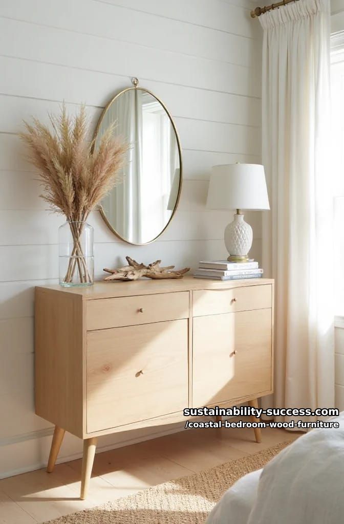 softly curved maple dresser paired with a round mirror and driftwood decor 1