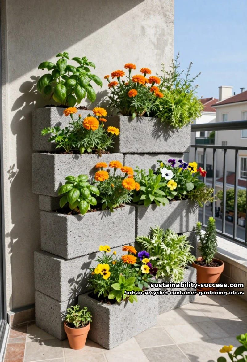 stacked cinder block planters with bright annuals and herbs 1