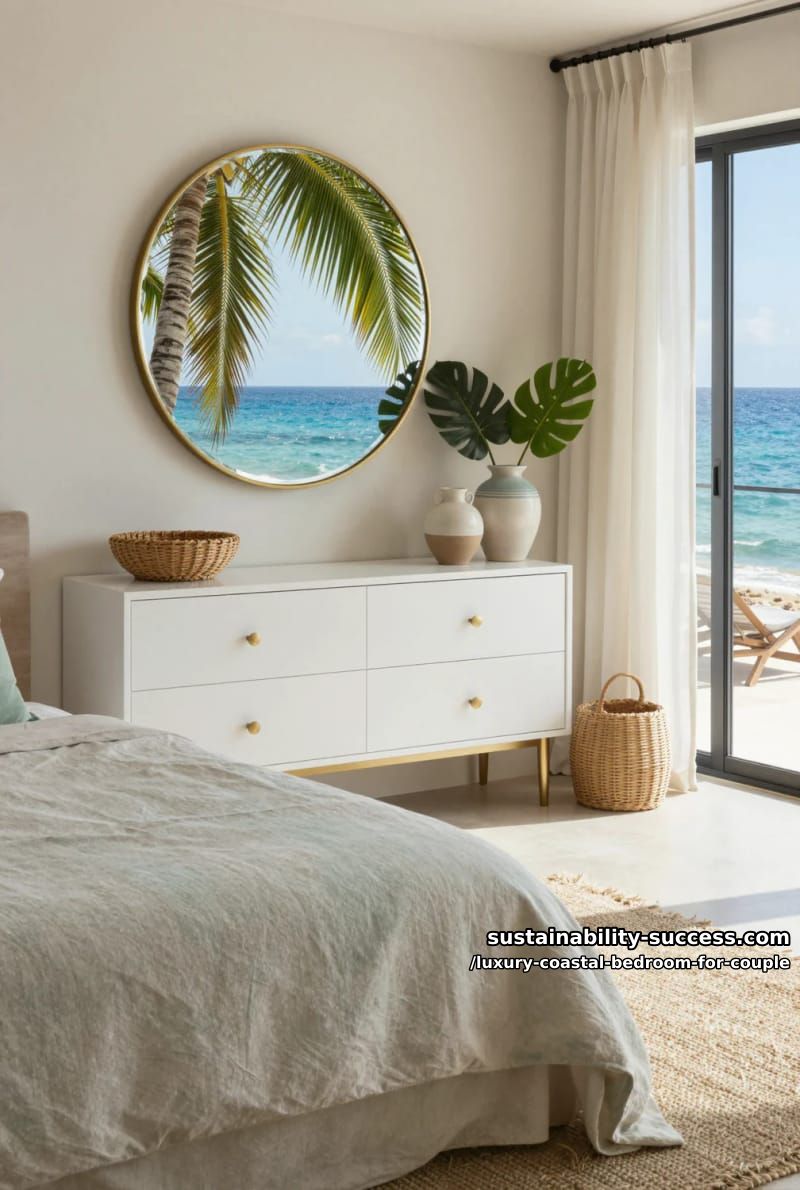 statement round mirror above dresser reflecting palm and sea scenery 1
