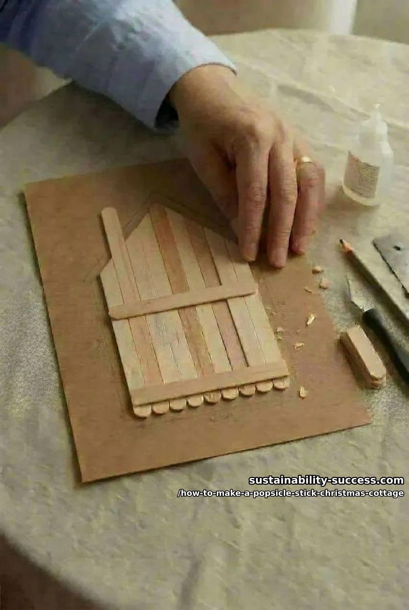 How to Make a Popsicle Stick Christmas Cottage that Wow 5 step 2: glue the front wall panel 1