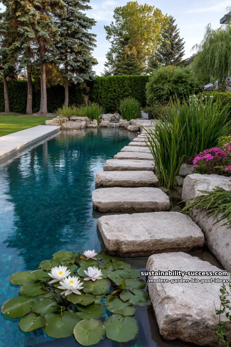 stepping-stone path over water lilies for a magical garden pool entrance 1
