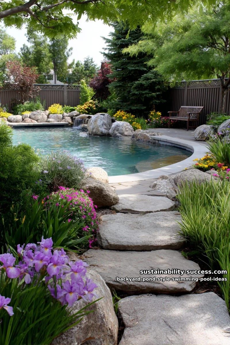 stepping stone pathway and wildflower garden leading to pond-style swimming pool in backyard 1