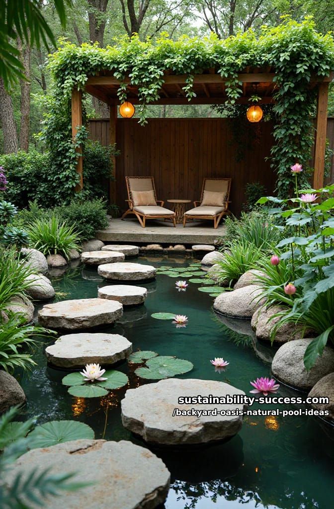 stepping-stone pathway crossing a pond with floating lotus flowers 1