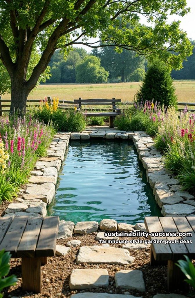 stone-lined pool surrounded by wildflower garden and rustic wooden benches 1