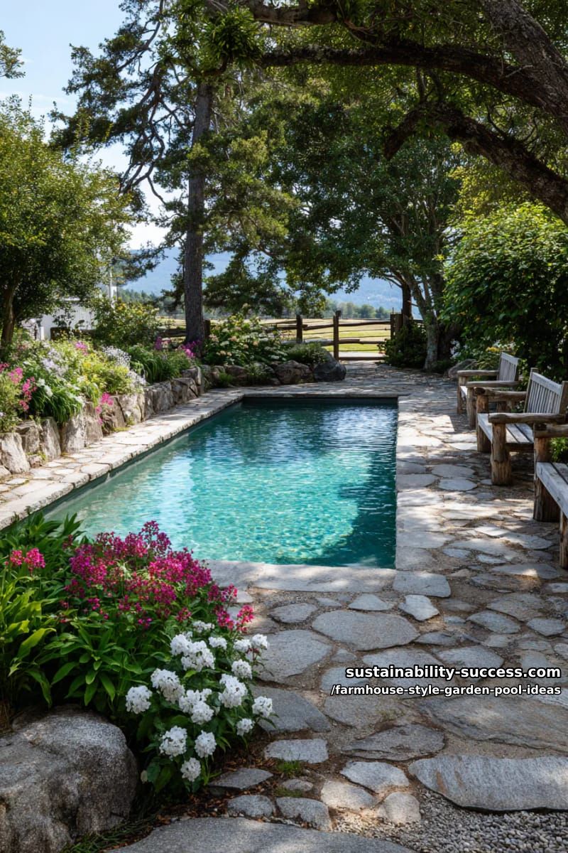 stone-lined pool surrounded by wildflower garden and rustic wooden benches 1