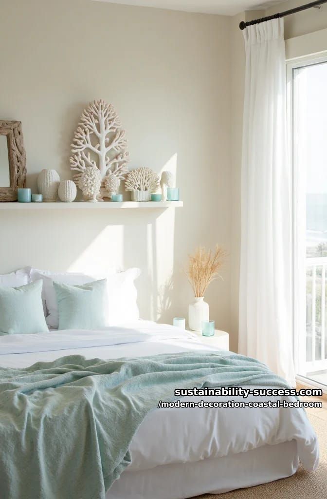 style a floating shelf with coral sculptures and beachy candles. 1