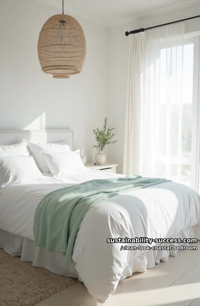 15 Clean Coastal Bedroom Ideas for a Serene Retreat 17 subtle woven lighting, seafoam green throw, crisp white sheets, sunlit space 1