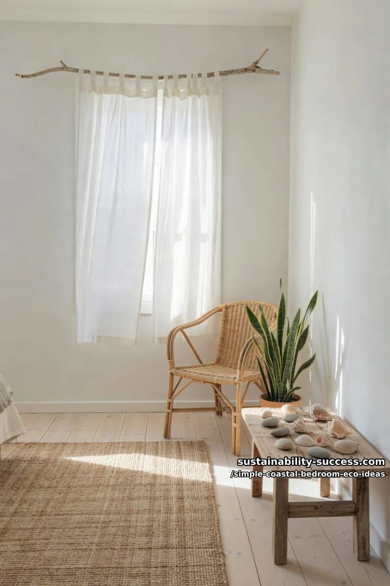 15 Coastal Decor for a Simple Eco-Friendly Bedroom 16 sun-bleached branch as a curtain rod with light linen curtains 1