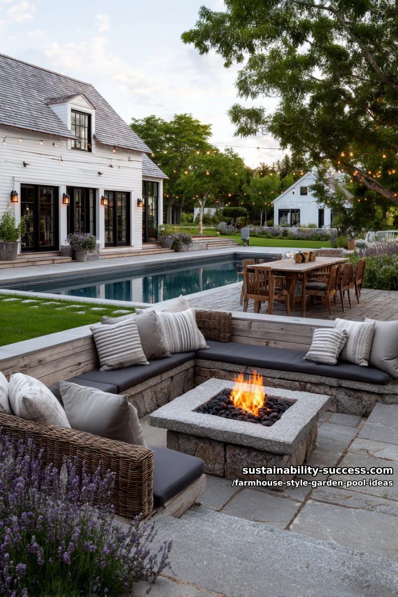 sunken fire pit lounge beside a rectangular pool for farmhouse gatherings 1