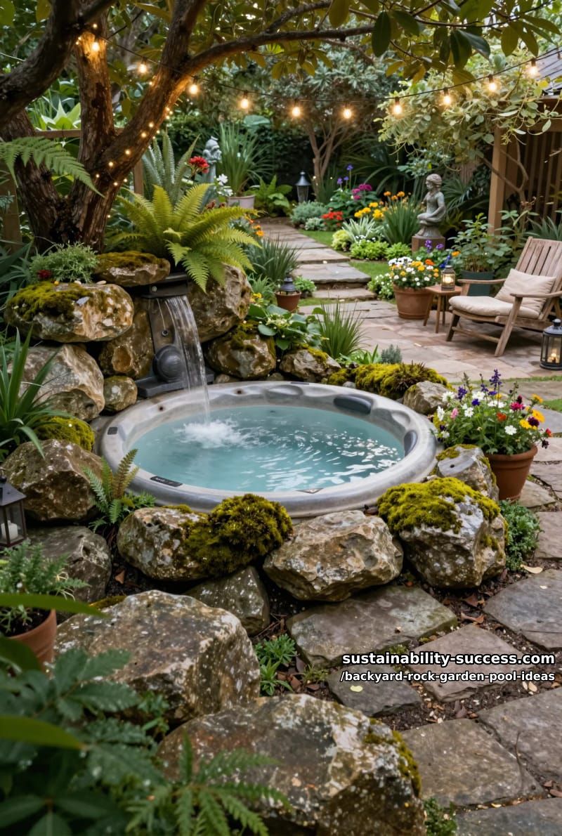 sunken hot tub surrounded by moss-covered stones and fairy lights overhead 1