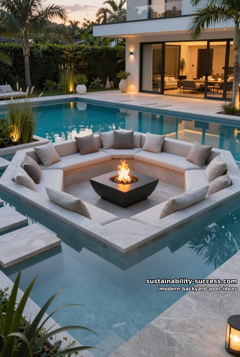 sunken lounge seating surrounded by water with integrated fire pit centerpiece 1