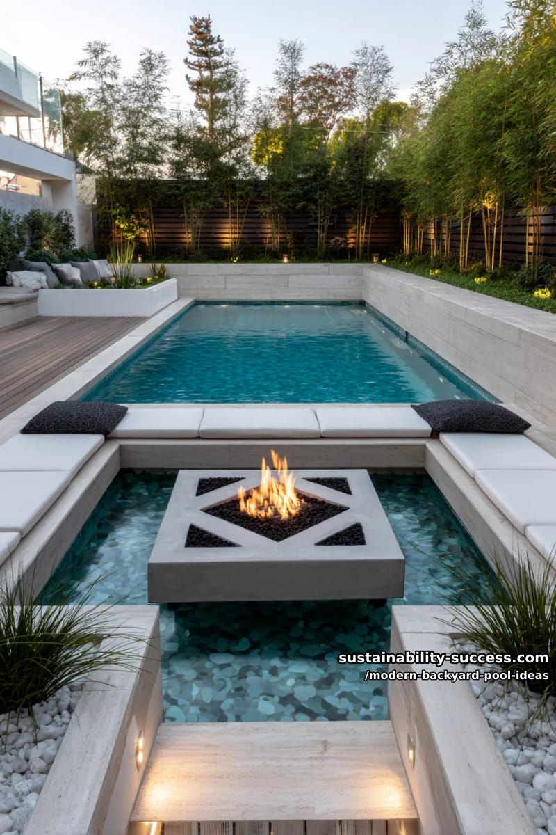 sunken lounge seating surrounded by water with integrated fire pit centerpiece 1