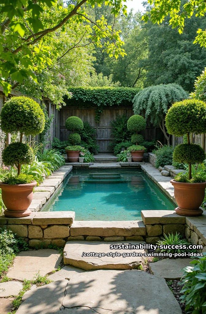 sunken pool with natural rock steps and potted topiary in every corner 1