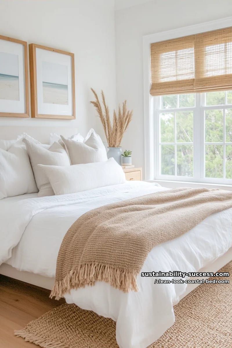 15 Clean Coastal Bedroom Ideas for a Serene Retreat 10 textured beige blanket, bamboo shades, and framed abstract beach prints 1