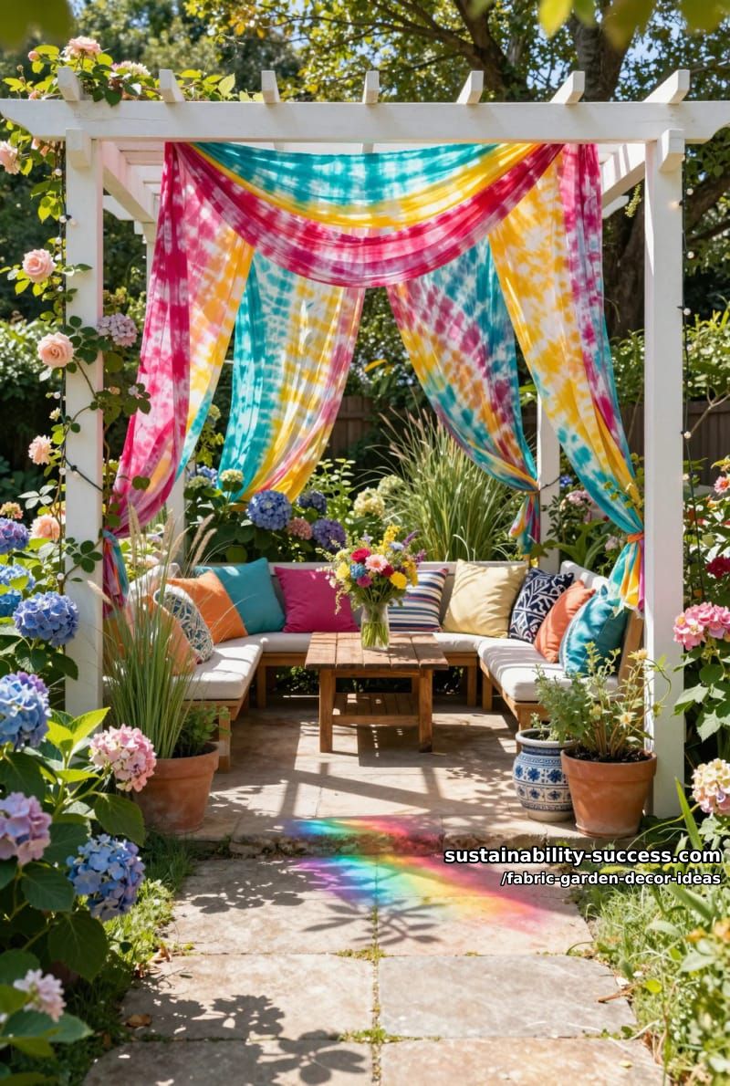 tied-dye fabric streamers cascading from pergolas or arbors 1