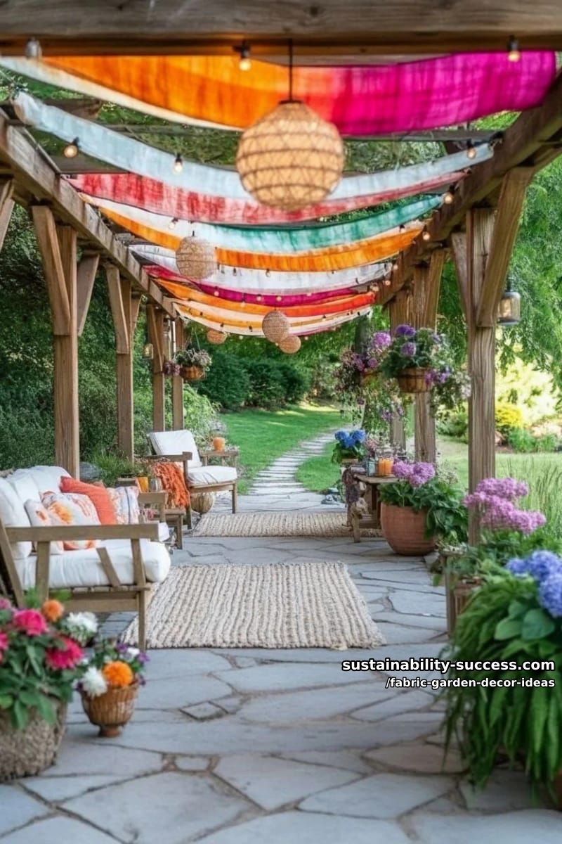 tied-dye fabric streamers cascading from pergolas or arbors 1