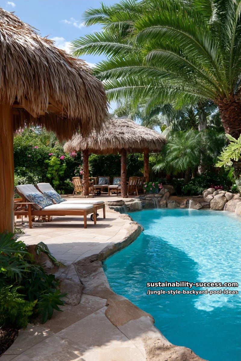 tiki-inspired poolside with palm trees and carved wooden accents 1
