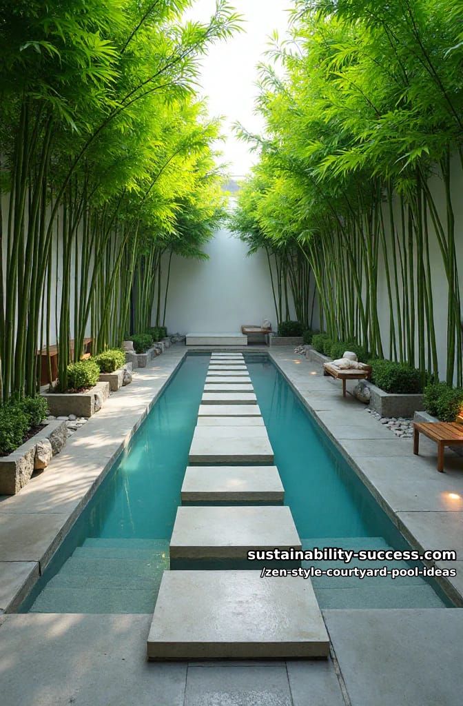 tranquil lap pool with stepping stone path through lush bamboo garden 1