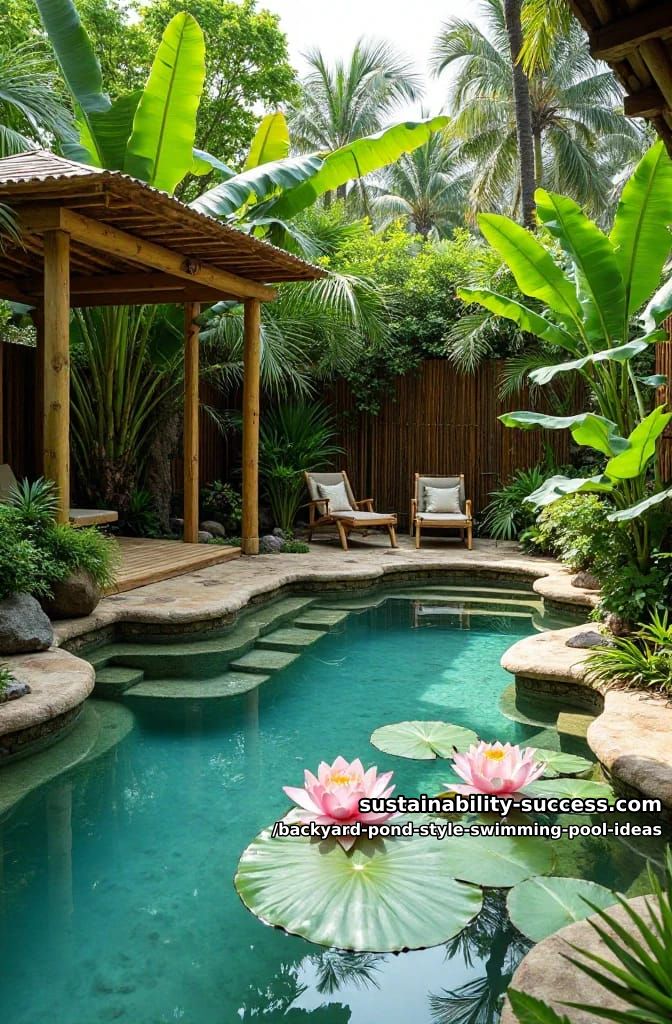 troppical pond swimming pool in backyard with a bamboo pergola and floating lotus blossoms 1