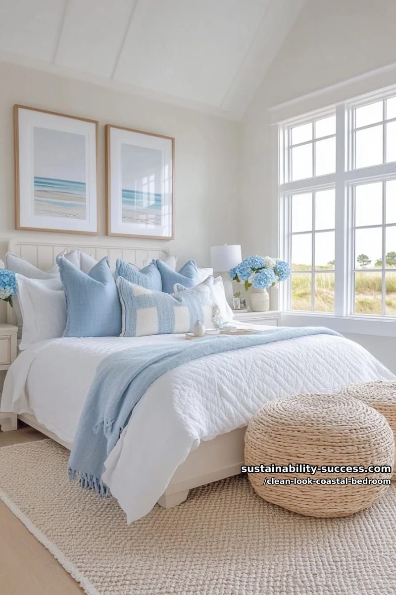 15 Clean Coastal Bedroom Ideas for a Serene Retreat 16 two-tone nightstands, hydrangea bouquets, beige pouf, coastal cottage wall art 1