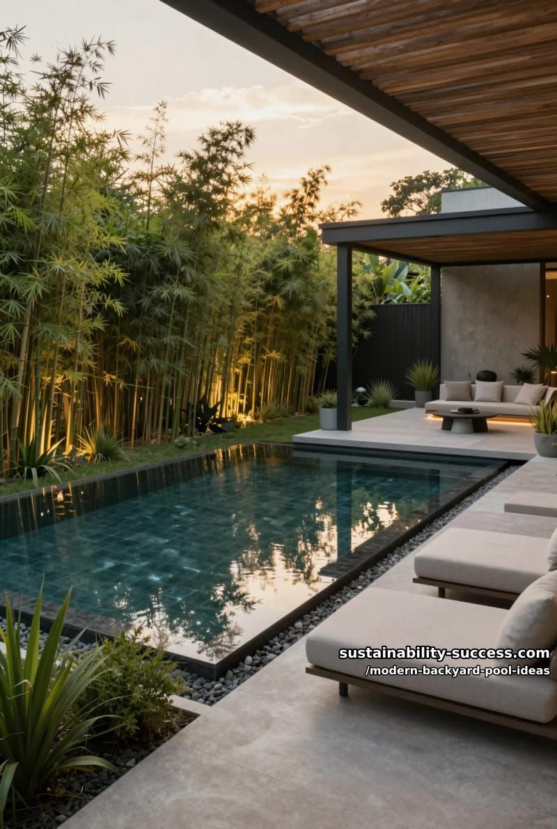 ultra-sleek infinity pool with black tile and lush bamboo backdrop 1