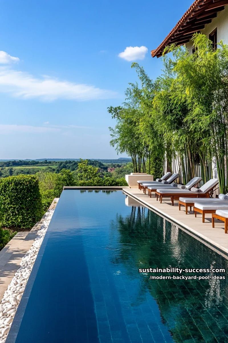 ultra-sleek infinity pool with black tile and lush bamboo backdrop 1
