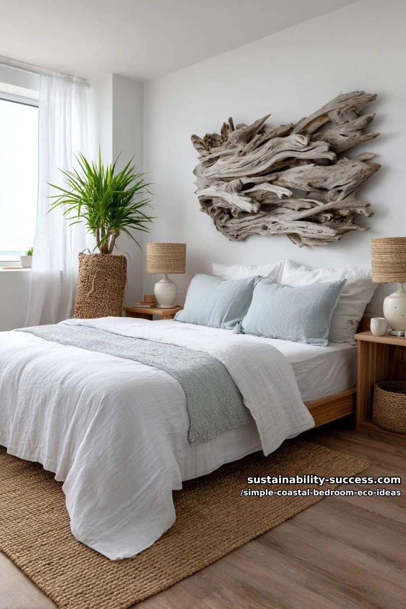 15 Coastal Decor for a Simple Eco-Friendly Bedroom 3 upcycled driftwood wall art above bed for a natural coastal touch 1